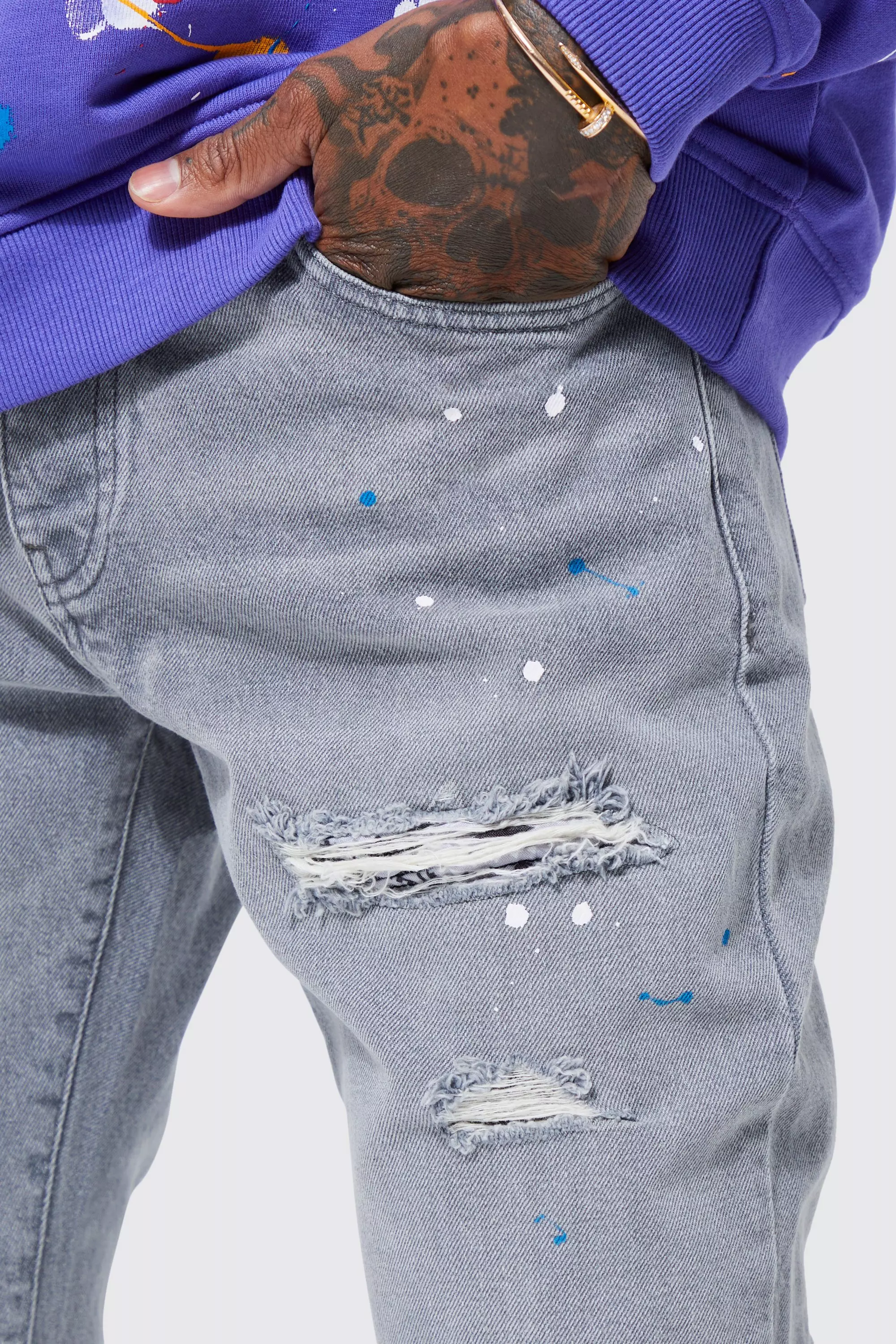 Slim Fit Rip & Repair Paint Splatter Jeans | boohooMAN USA